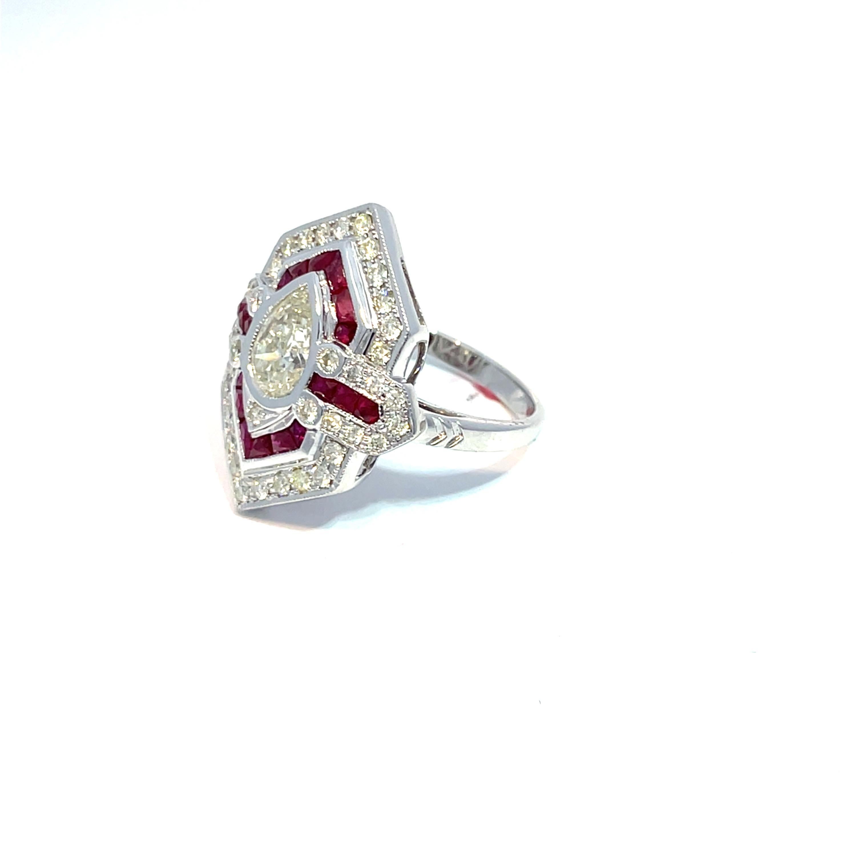 Pear Cut IGI Certified Pear Diamond and Ruby 18k White Gold Ring For Sale