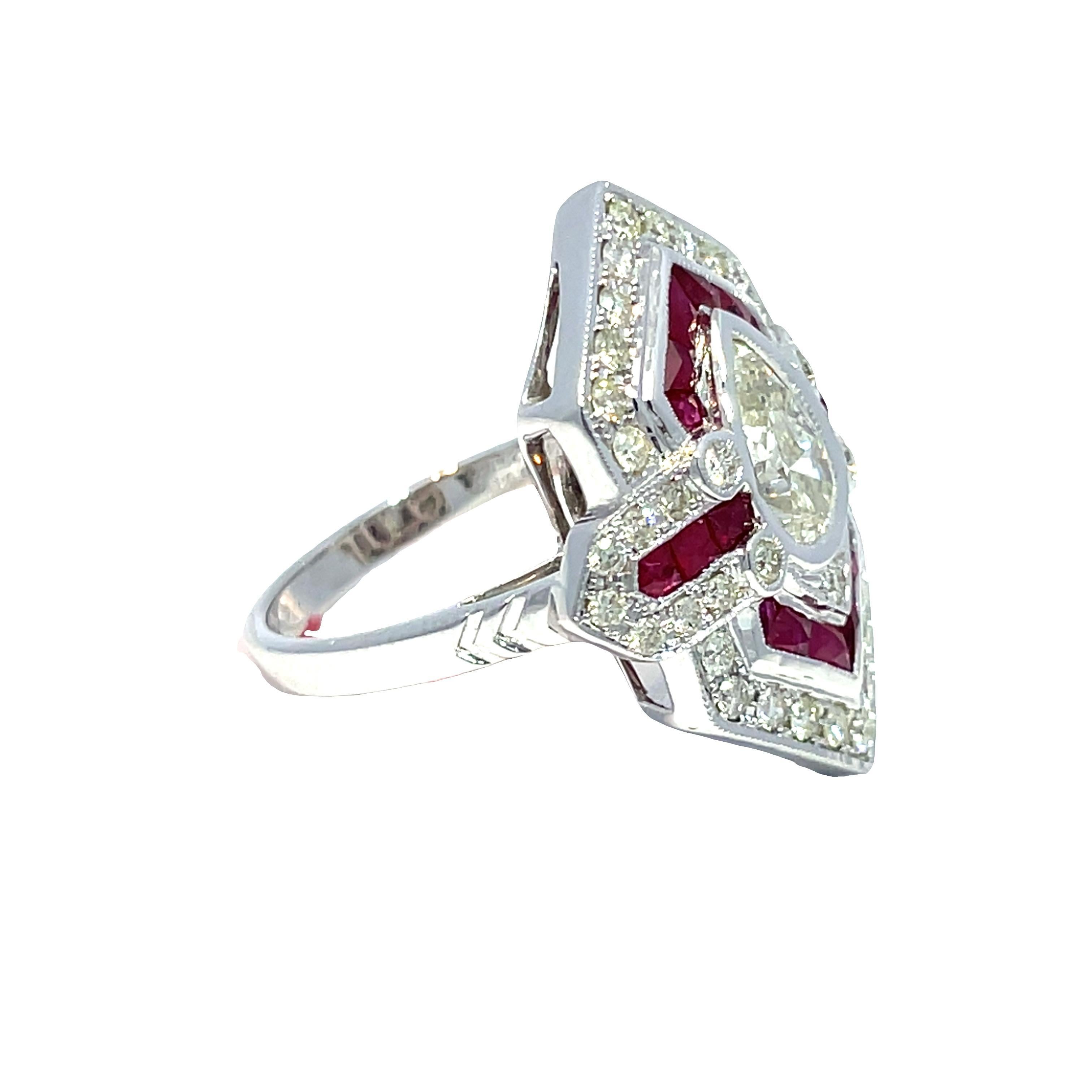 IGI Certified Pear Diamond and Ruby 18k White Gold Ring In Excellent Condition For Sale In New York, NY