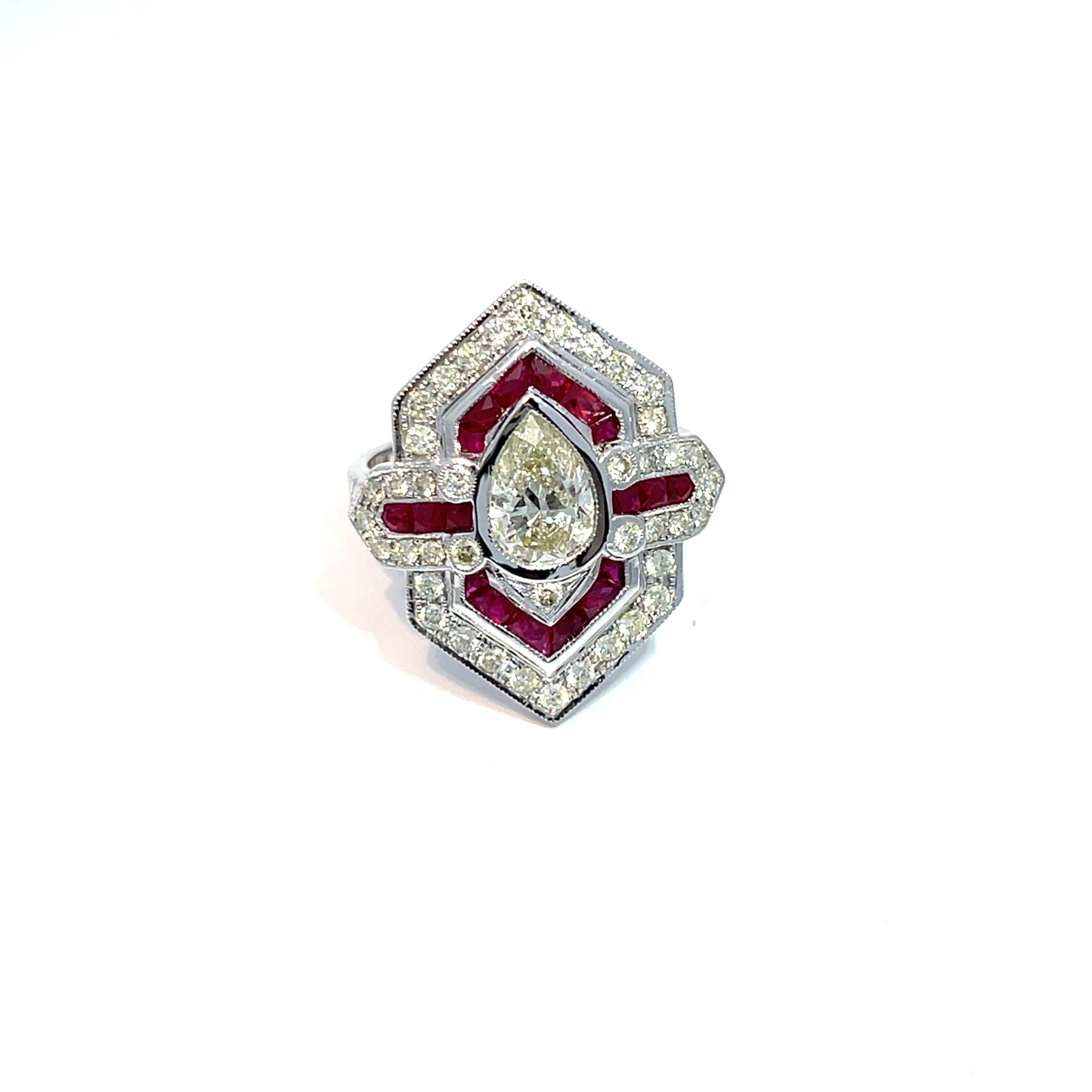 IGI Certified Pear Diamond and Ruby 18k White Gold Ring For Sale 1