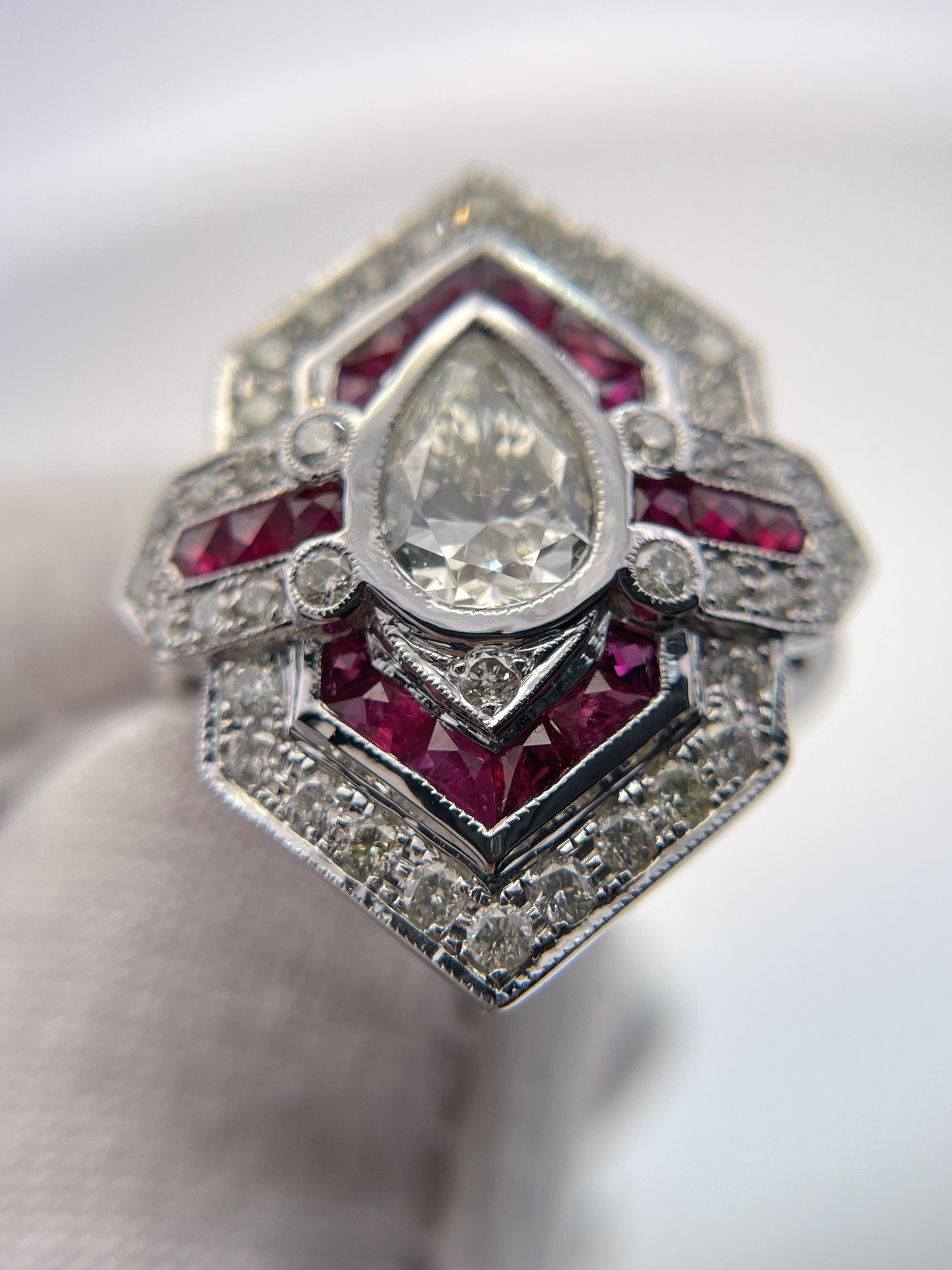 IGI Certified Pear Diamond and Ruby 18k White Gold Ring For Sale 4