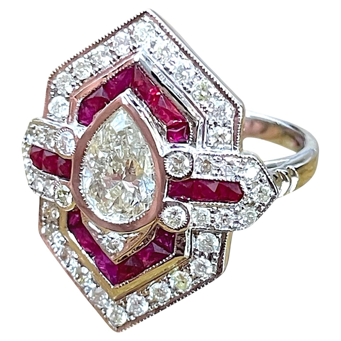 IGI Certified Pear Diamond and Ruby 18k White Gold Ring For Sale