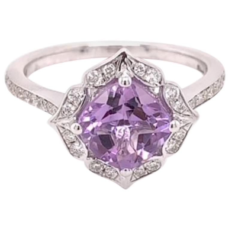 IGI Certified Pink Amethyst and Diamond 14k White Gold Ring