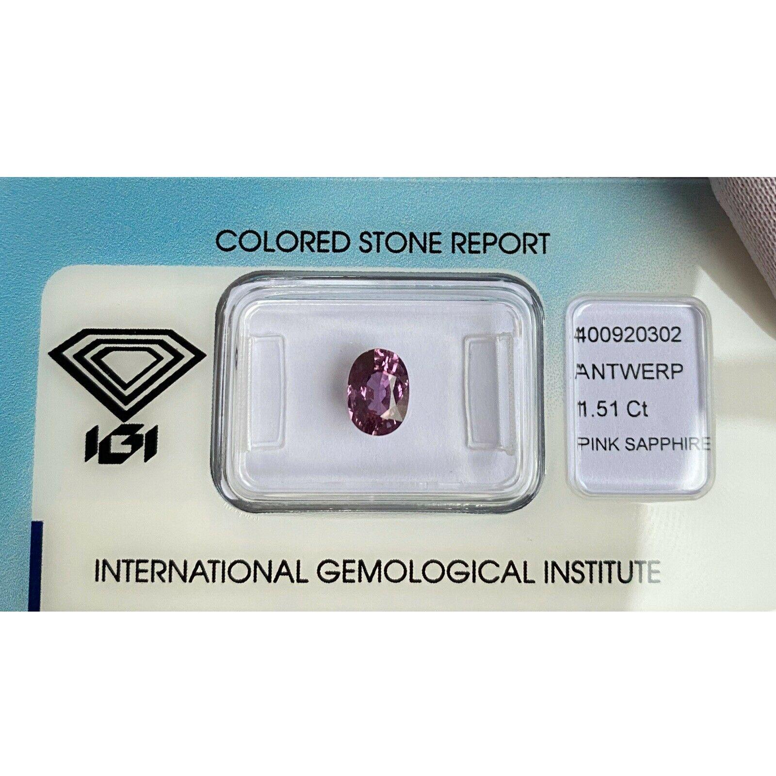 IGI Certified Pink Purple Sapphire 1.51ct Unheated Oval Cut Loose Oval Cut Gem