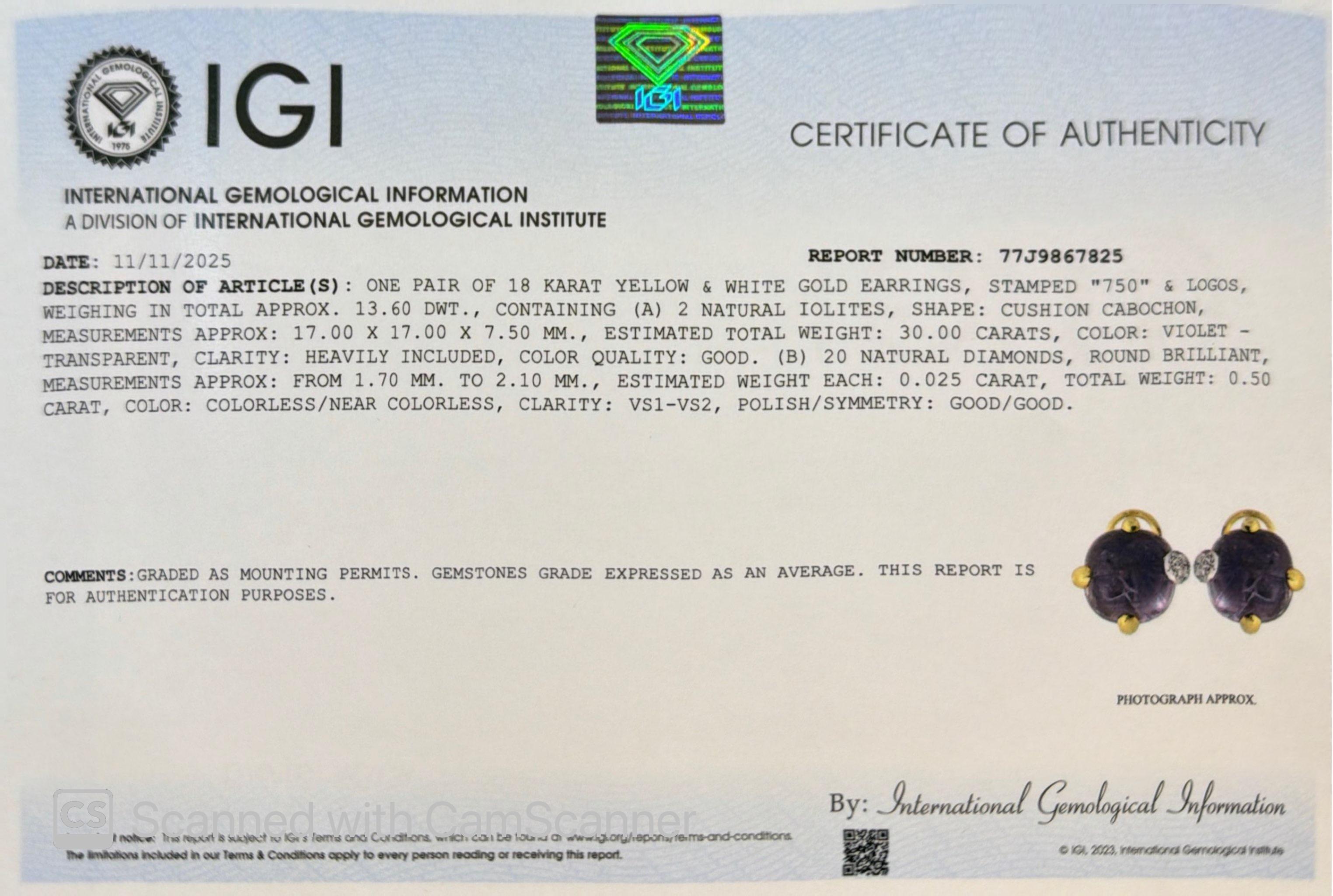 Boucles d'oreilles en or jaune 18 carats IGI Certified Pomellato 30 CT Violet Iolite Diamond en vente 7
