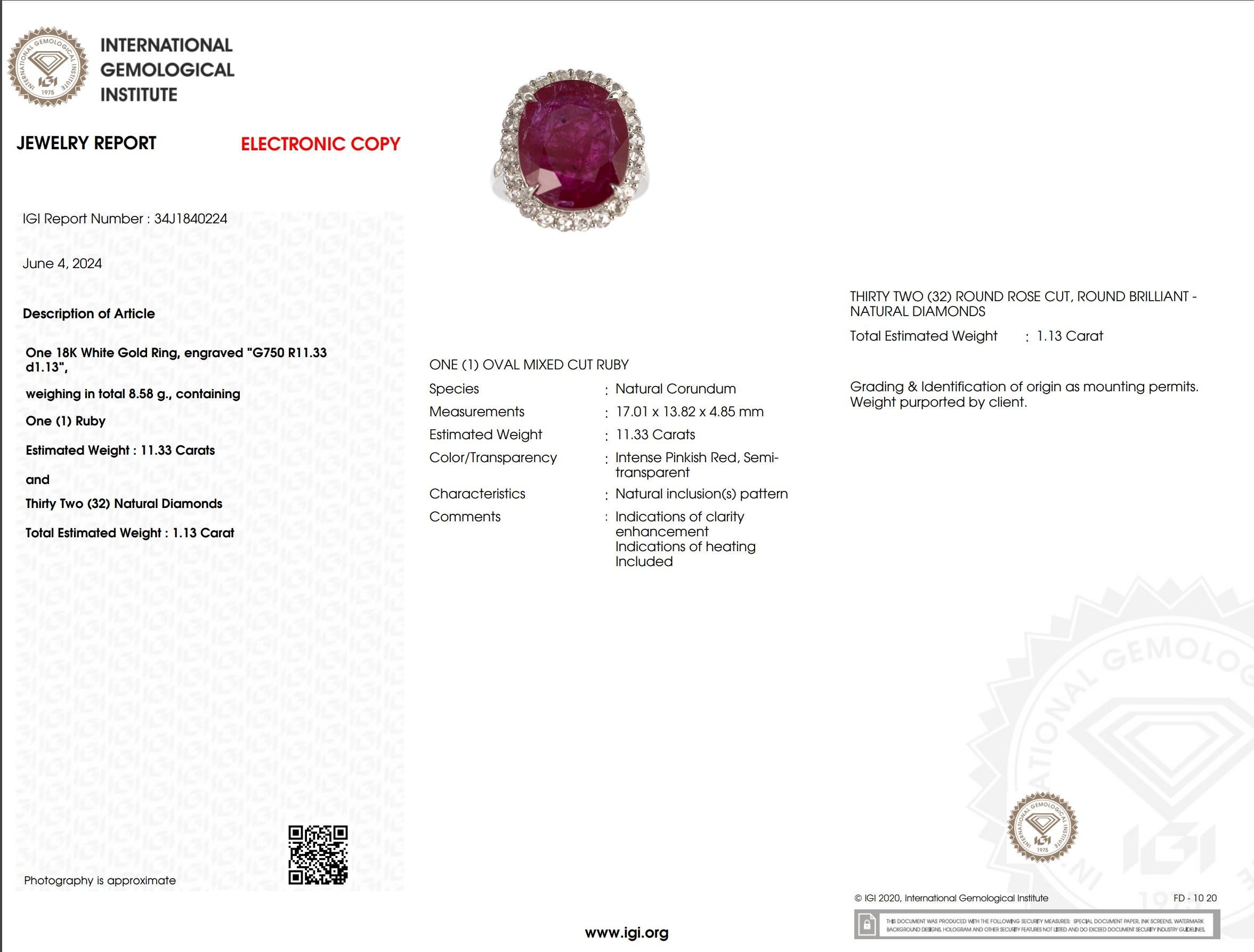 IGI-zertifizierter seltener 11,33 Karat Rubin- und Diamantring aus 18 Karat Weißgold im Angebot 6
