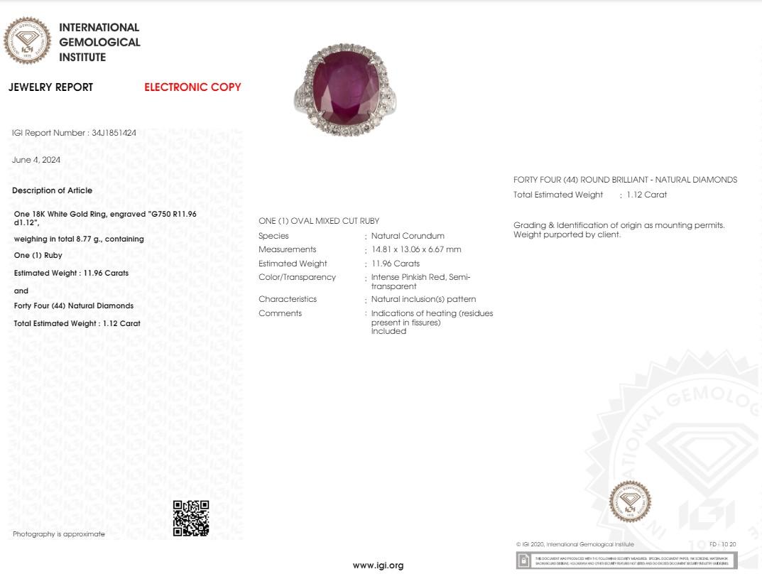IGI Certified Rare 11.96 Carat Ruby & Diamond Ring in 18K White Gold For Sale 4