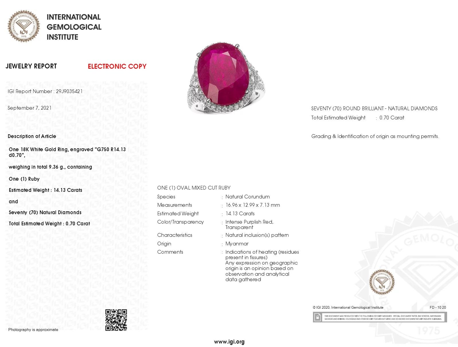 Modern IGI Certified Rare 14.13 Carat Burma Ruby & Diamond Ring in 18K White Gold For Sale