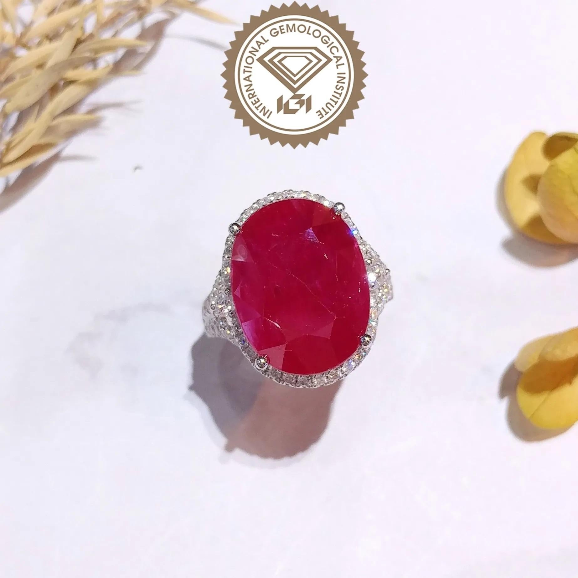 Oval Cut IGI Certified Rare 14.13 Carat Burma Ruby & Diamond Ring in 18K White Gold For Sale