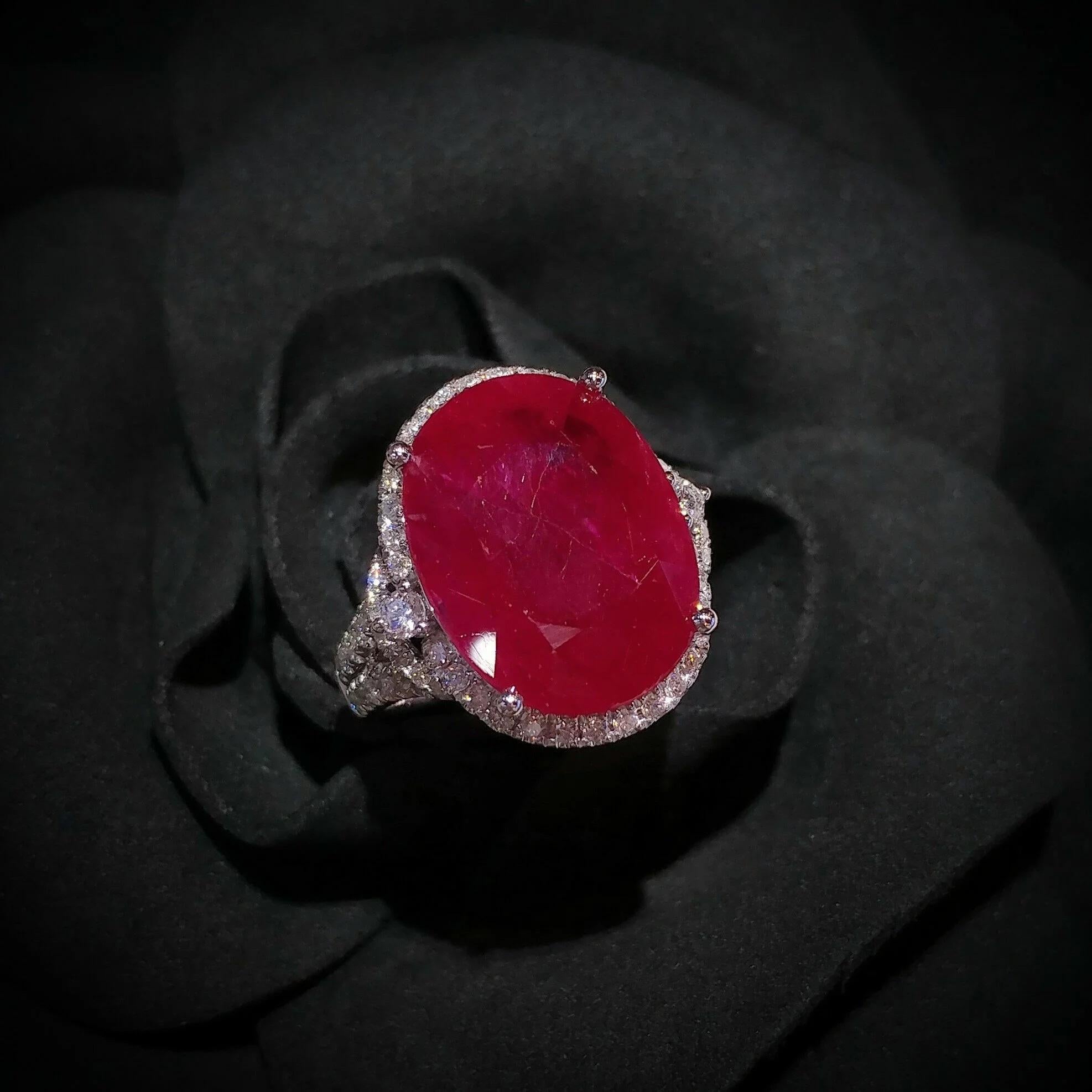 Women's IGI Certified Rare 14.13 Carat Burma Ruby & Diamond Ring in 18K White Gold For Sale