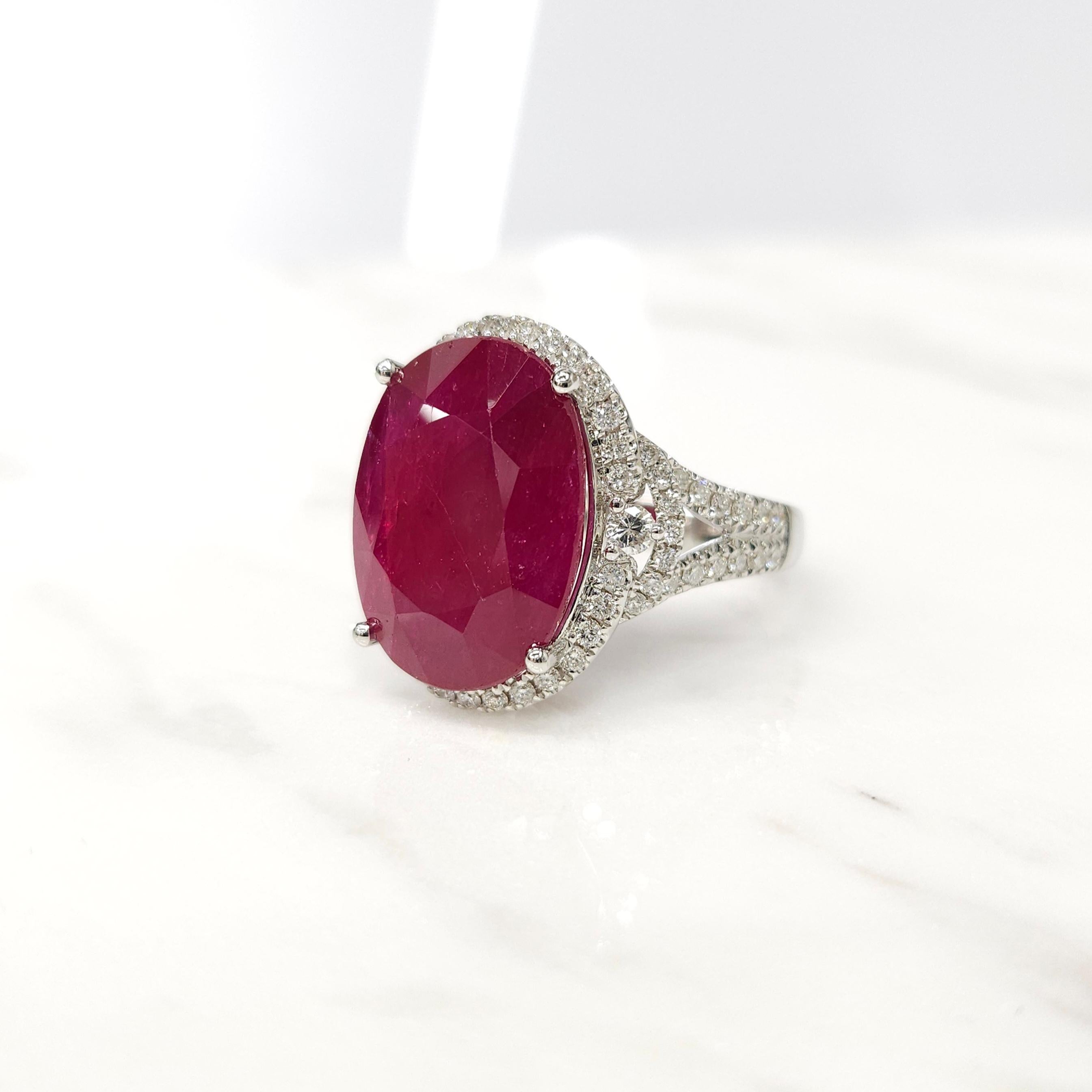 Oval Cut IGI Certified Rare 14.13 Carat Burma Ruby & Diamond Ring in 18K White Gold For Sale