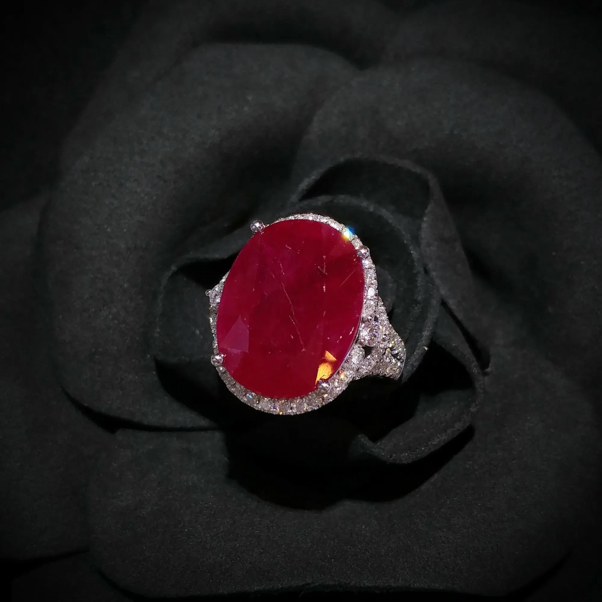 IGI Certified Rare 14.13 Carat Burma Ruby & Diamond Ring in 18K White Gold For Sale 3