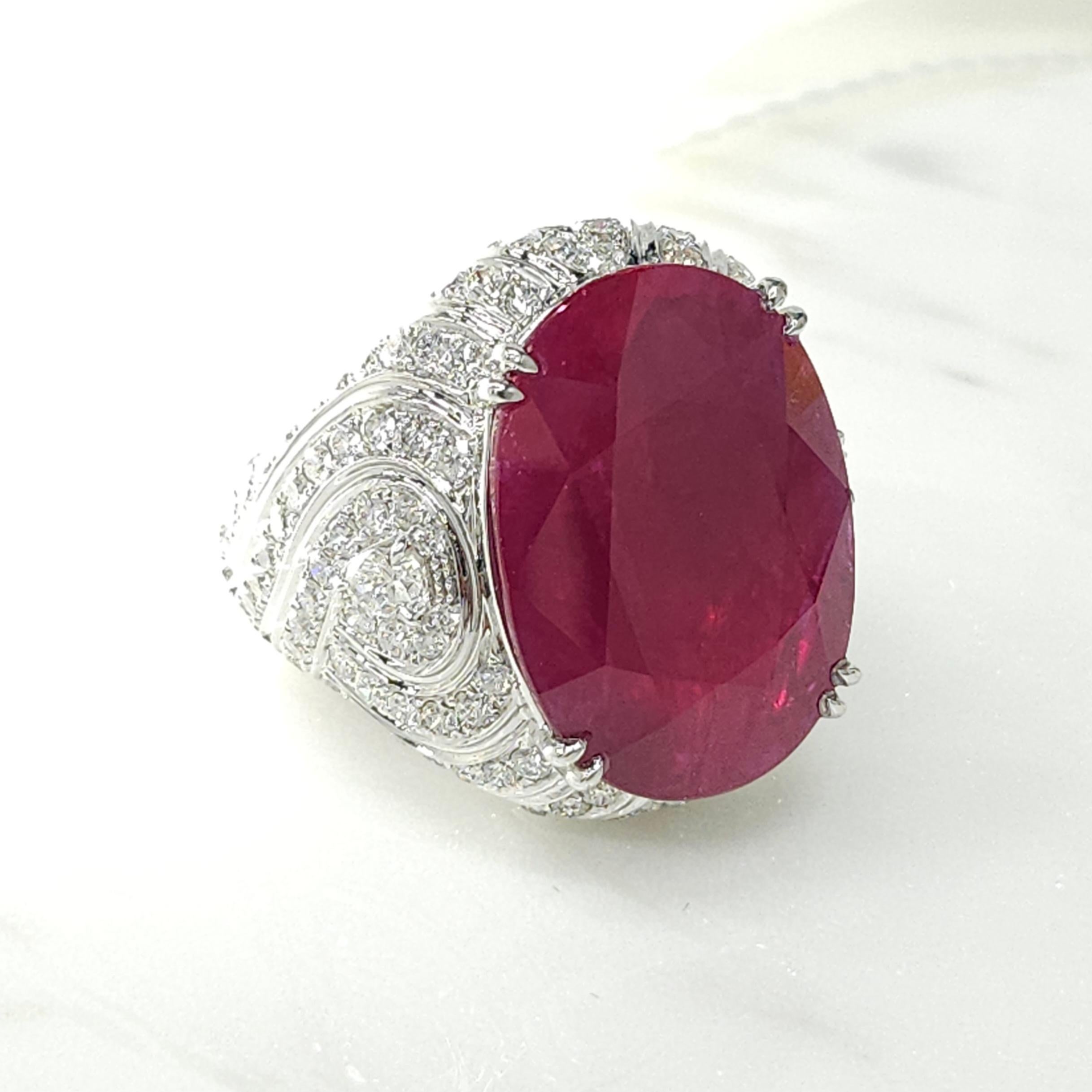 IGI Certified Rare 25.49 Carat Burma Ruby & Diamond Ring in 18K White Gold For Sale 4