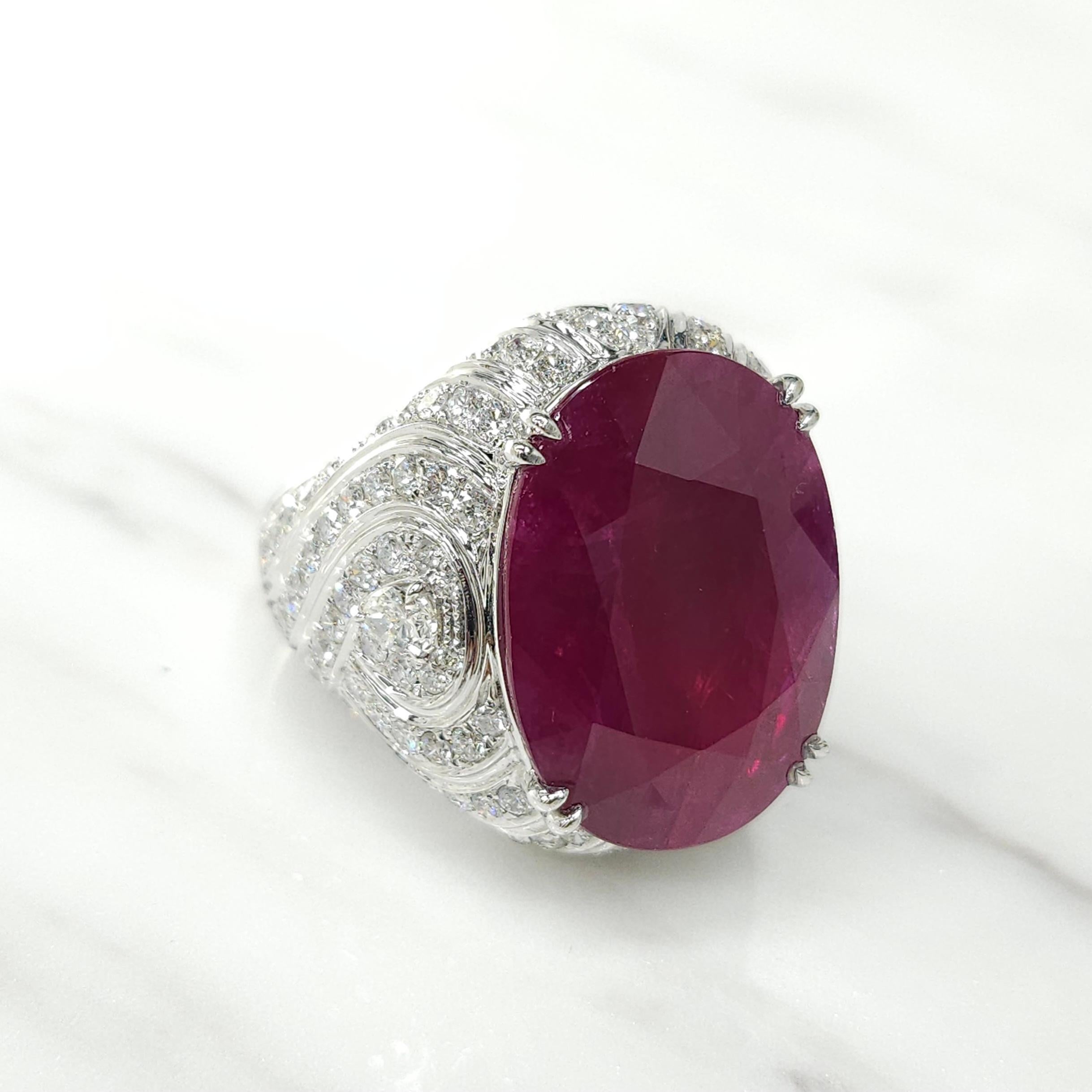 IGI Certified Rare 25.49 Carat Burma Ruby & Diamond Ring in 18K White Gold For Sale 5