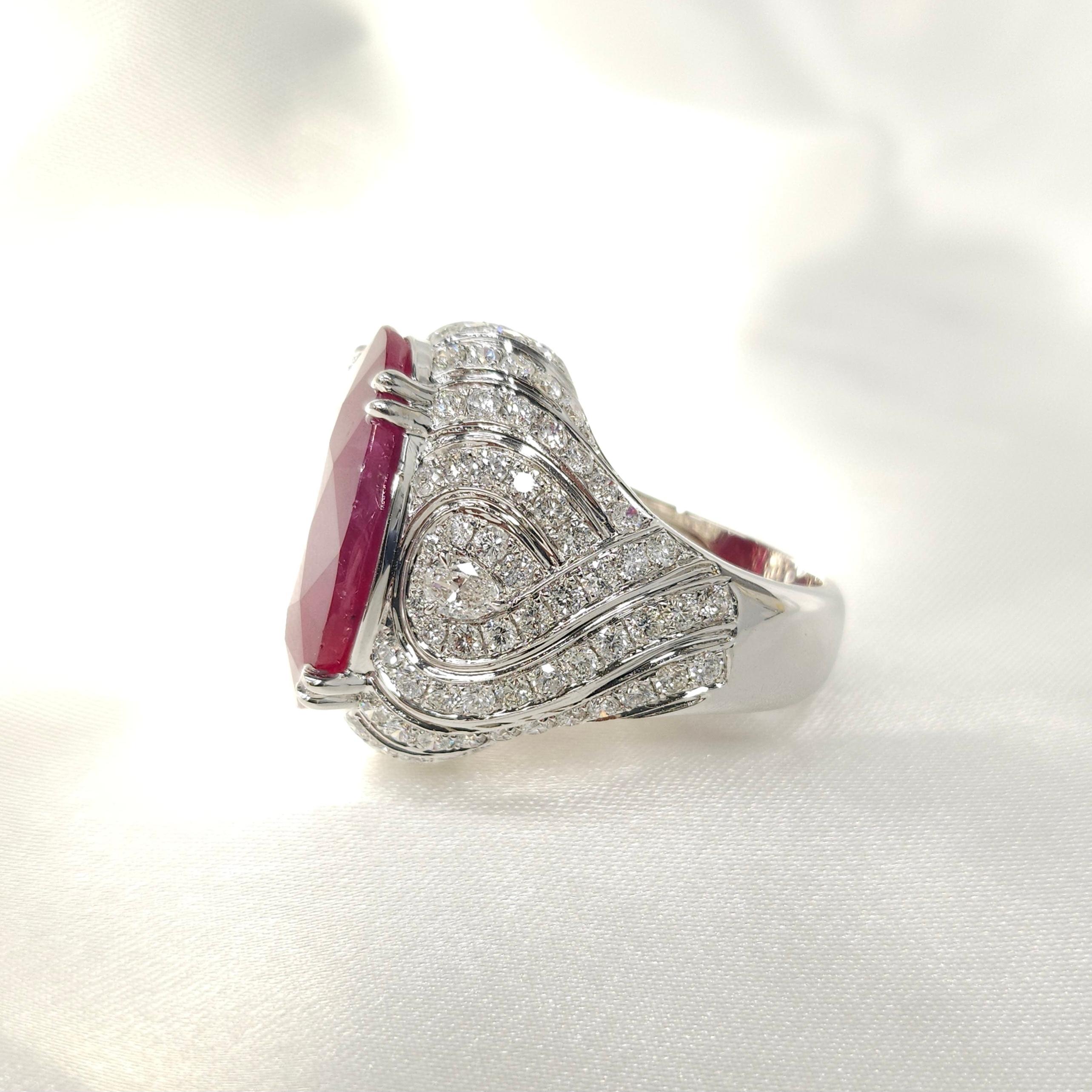 Modern IGI Certified Rare 25.49 Carat Burma Ruby & Diamond Ring in 18K White Gold For Sale