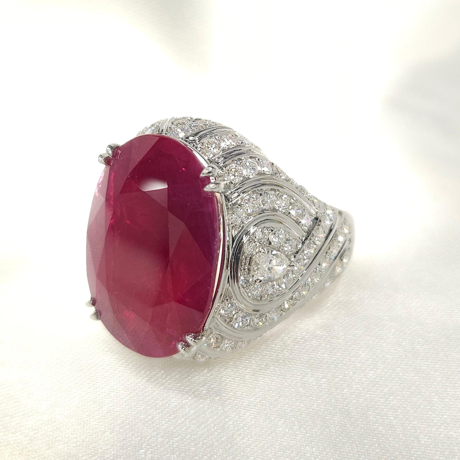 Oval Cut IGI Certified Rare 25.49 Carat Burma Ruby & Diamond Ring in 18K White Gold For Sale