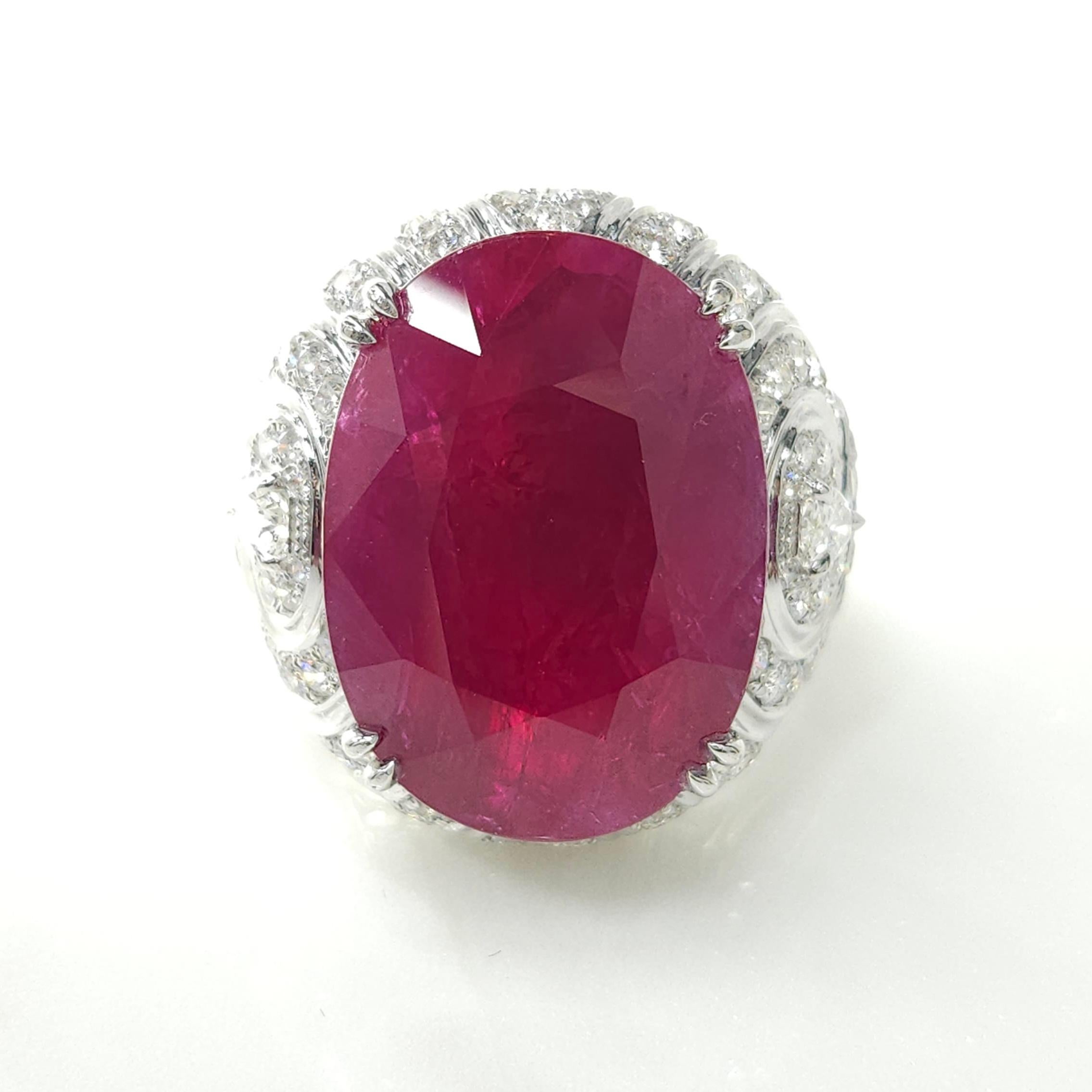 Women's IGI Certified Rare 25.49 Carat Burma Ruby & Diamond Ring in 18K White Gold For Sale