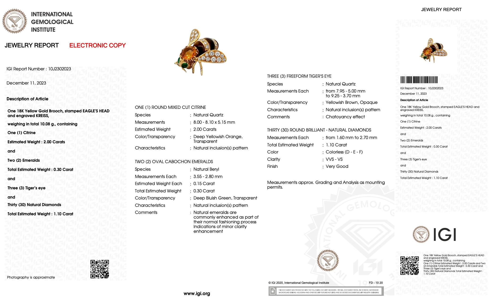 IGI zertifiziert René Kreiss Biene Brooche Gelbgold und Edelsteine im Angebot 1