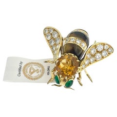 Vintage IGI Certified René Kreiss Bee Brooche Yellow Gold and Gemstones