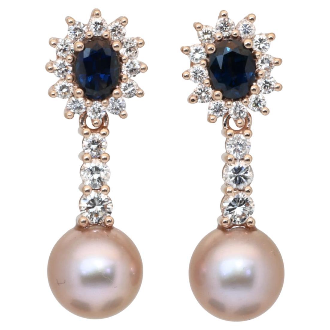 IGI Certified Sapphires, Fresh Water Cultured Pearls, and Diamonds Drop Earrings For Sale