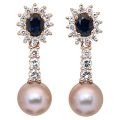 IGI Certified Sapphires, Fresh Water Cultured Pearls, and Diamonds Drop Earrings