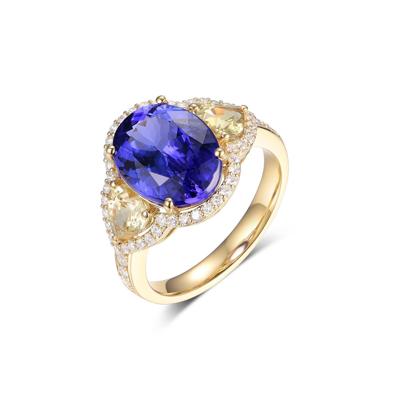 This ring is a stunning piece that centers around a mesmerizing tanzanite, weighing in at 4.26 carats. The tanzanite's deep blue-violet hue captivates with its rich saturation and brilliant sparkle, a testament to the gemstone's prized qualities.