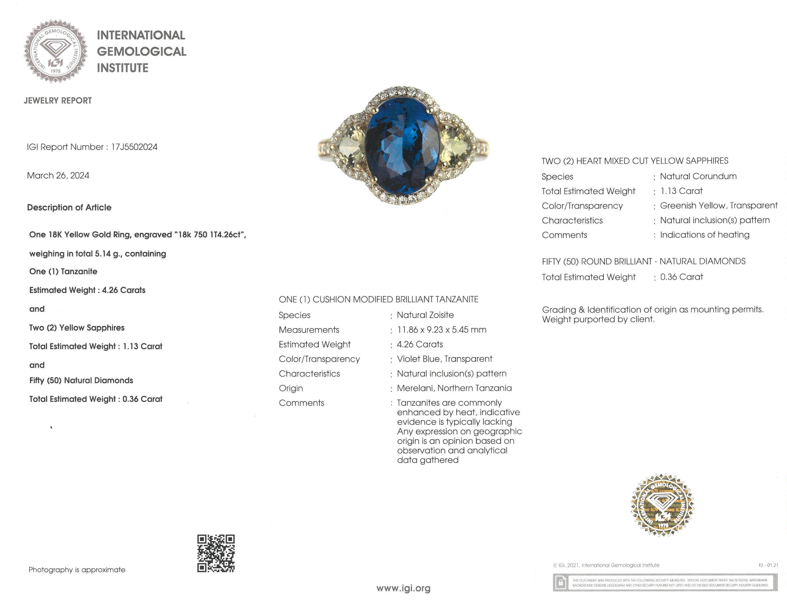 IGI Certified Tanzanite Yellow Sapphire Diamond Ring in 14K Yellow Gold For Sale 2