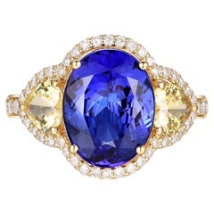 Bague en or jaune 14 carats avec tanzanite certifiée IGI, saphir jaune et diamant