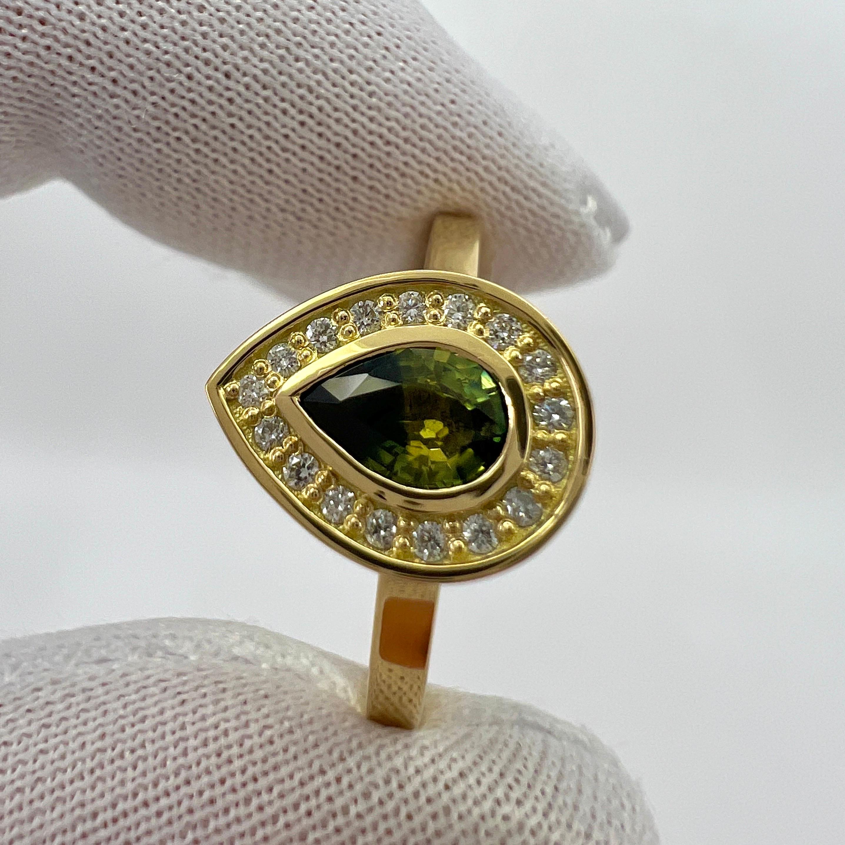 Pear Cut IGI Certified Unique Bi Colour Sapphire & Diamond 18k Yellow Gold Halo Ring For Sale