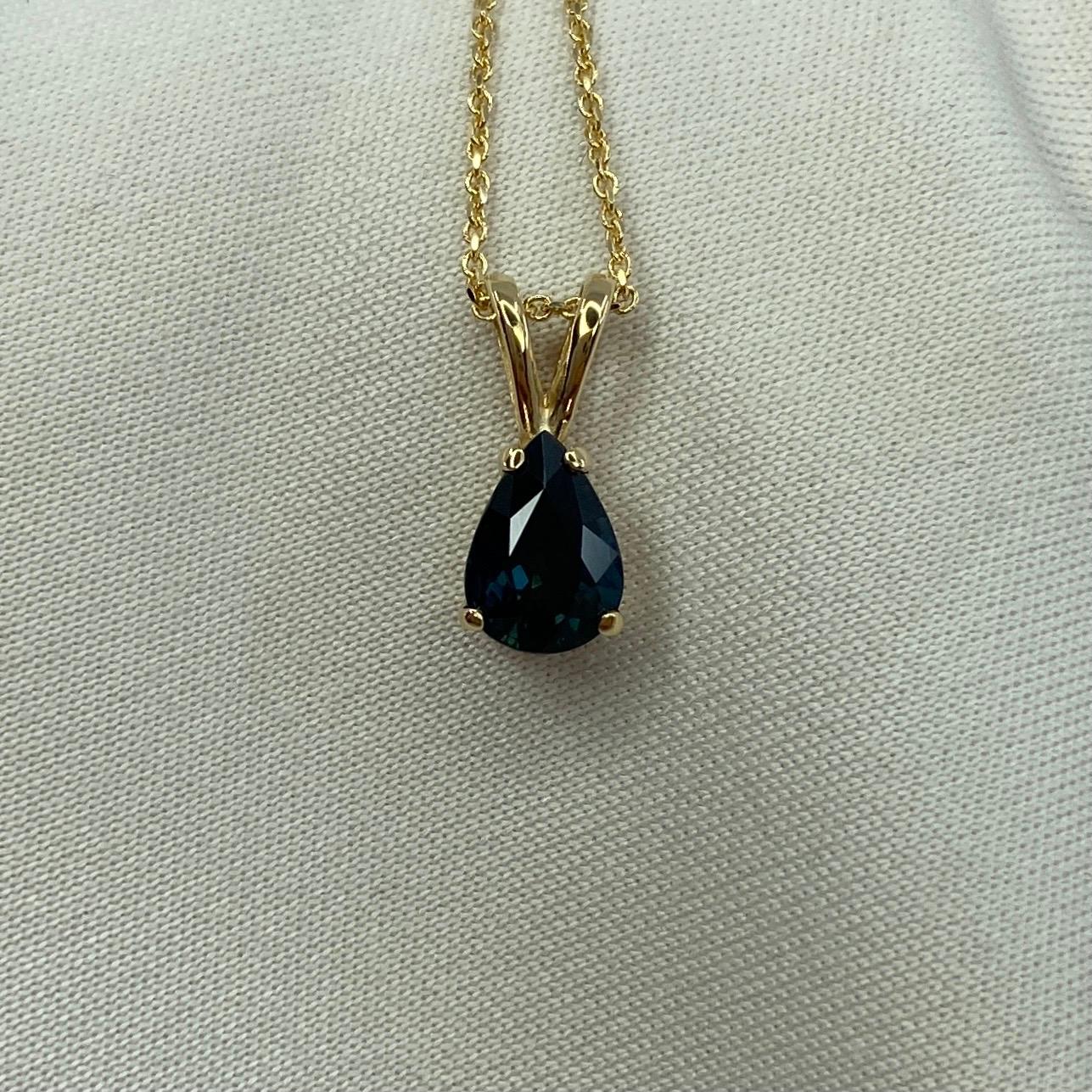 IGI Certified Untreated 1.08ct Deep Green Blue Sapphire Pear Cut Gold Pendant 7