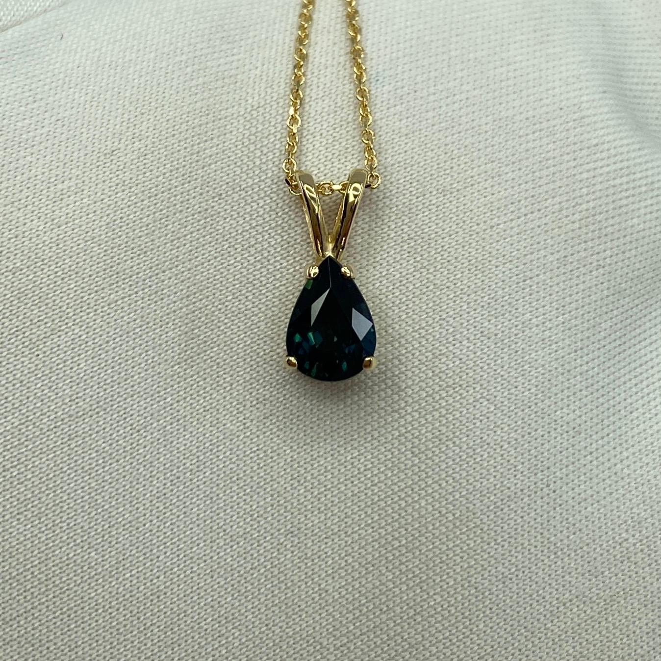 IGI Certified Untreated 1.08ct Deep Green Blue Sapphire Pear Cut Gold Pendant 8