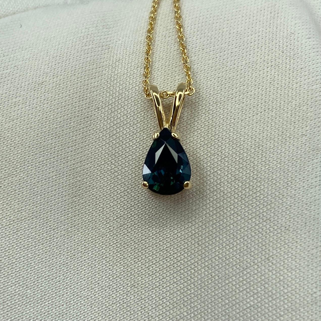 IGI Certified Untreated 1.08ct Deep Green Blue Sapphire Pear Cut Gold Pendant 2