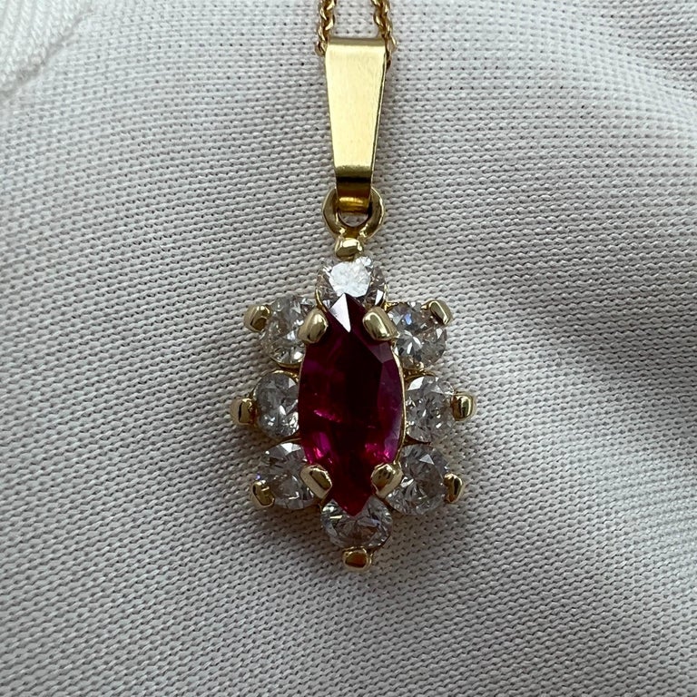Fine Certified Untreated Deep Red Burmese Ruby & Diamond Yellow Gold Pendant Necklace.

Beautiful and rare natural ruby. Deep red colour, Burmese in origin and untreated. As rare and fine as they come.

IGI certificate confirms the stone as natural,