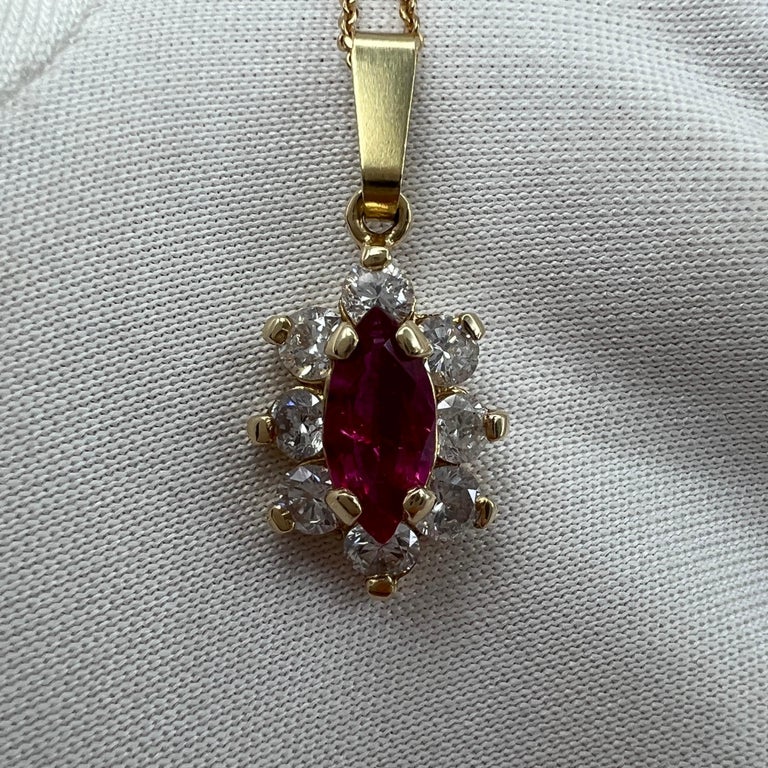 Marquise Cut IGI Certified Untreated Burmese Ruby & Diamond Yellow Gold Pendant Necklace For Sale
