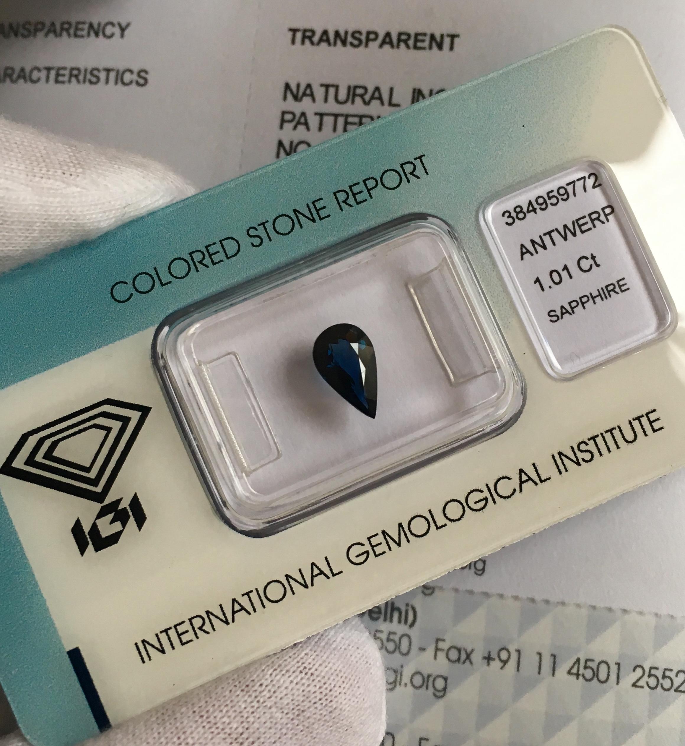 Women's or Men's IGI Certified Untreated Deep Blue Sapphire 1.01 Carat Pear Teardrop Cut Gem