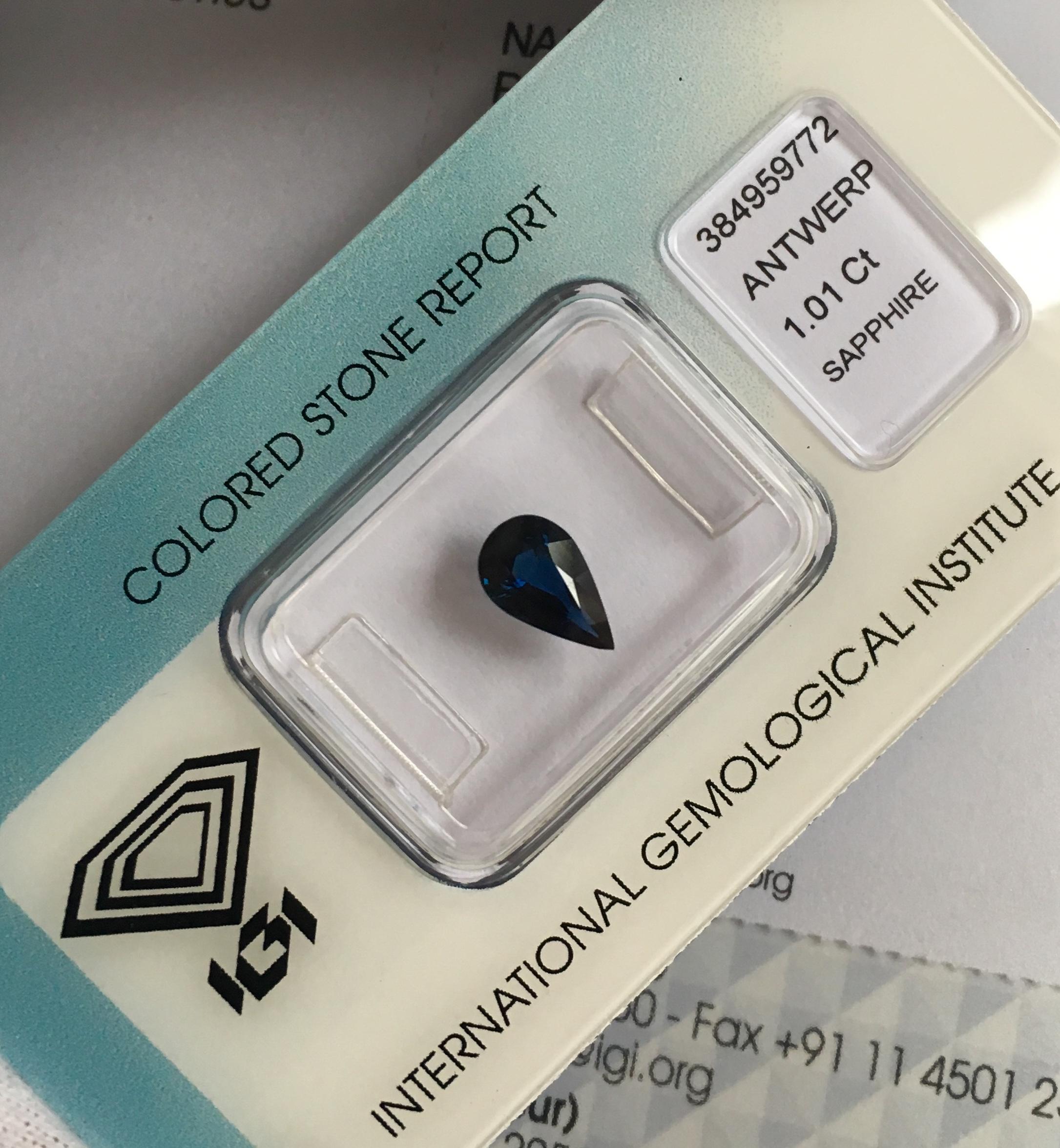 IGI Certified Untreated Deep Blue Sapphire 1.01 Carat Pear Teardrop Cut Gem 1