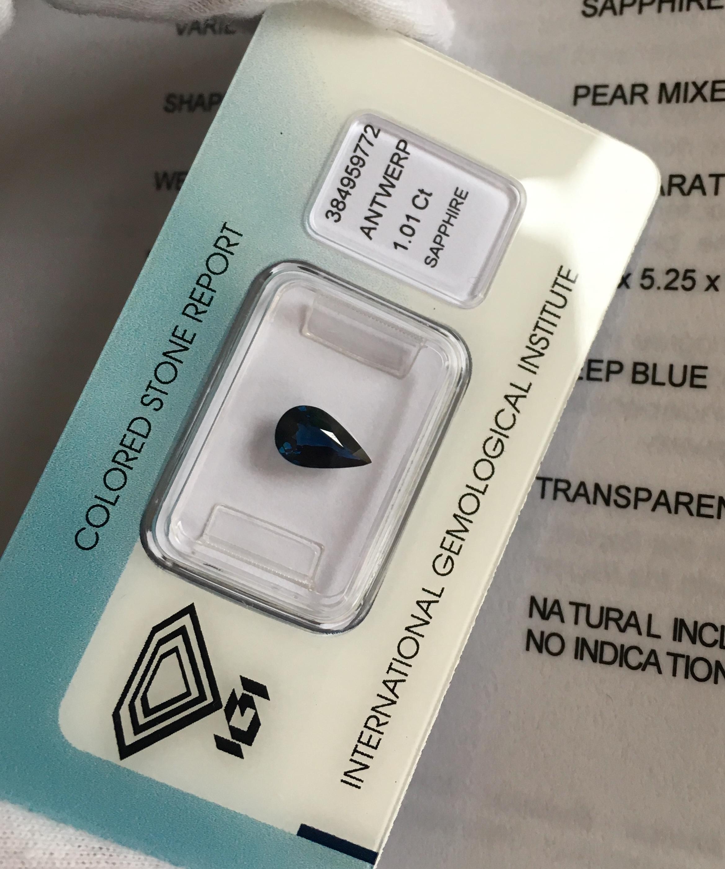 IGI Certified Untreated Deep Blue Sapphire 1.01 Carat Pear Teardrop Cut Gem 2