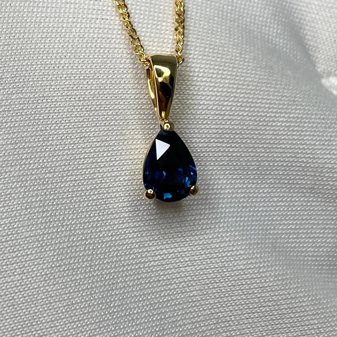 Fine IGI Certified Untreated Deep Blue Sapphire Pear Cut 18k Yellow Gold Pendant Necklace.

Untreated 0.81 Carat oval cut sapphire with a stunning deep blue colour and excellent clarity. A very clean stone.

This sapphire also has an excellent pear