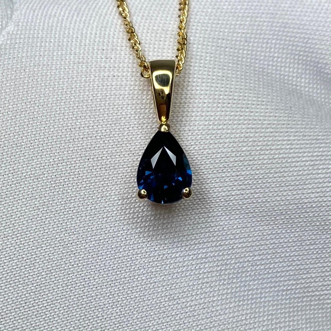 IGI Certified Untreated Deep Blue Sapphire Pear Teardrop 18k Yellow Gold Pendant For Sale 1