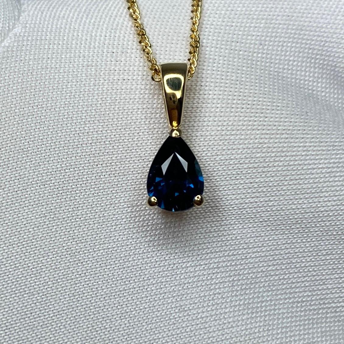 IGI Certified Untreated Deep Blue Sapphire Pear Teardrop 18k Yellow Gold Pendant For Sale 2