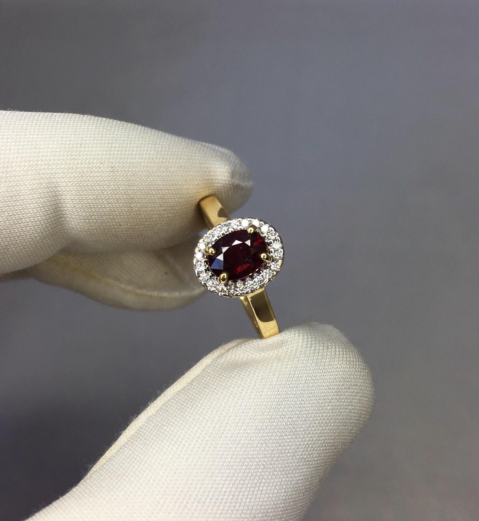 Oval Cut IGI Certified Untreated Deep Red Ruby and Diamond 18 Karat Halo Cluster Ring