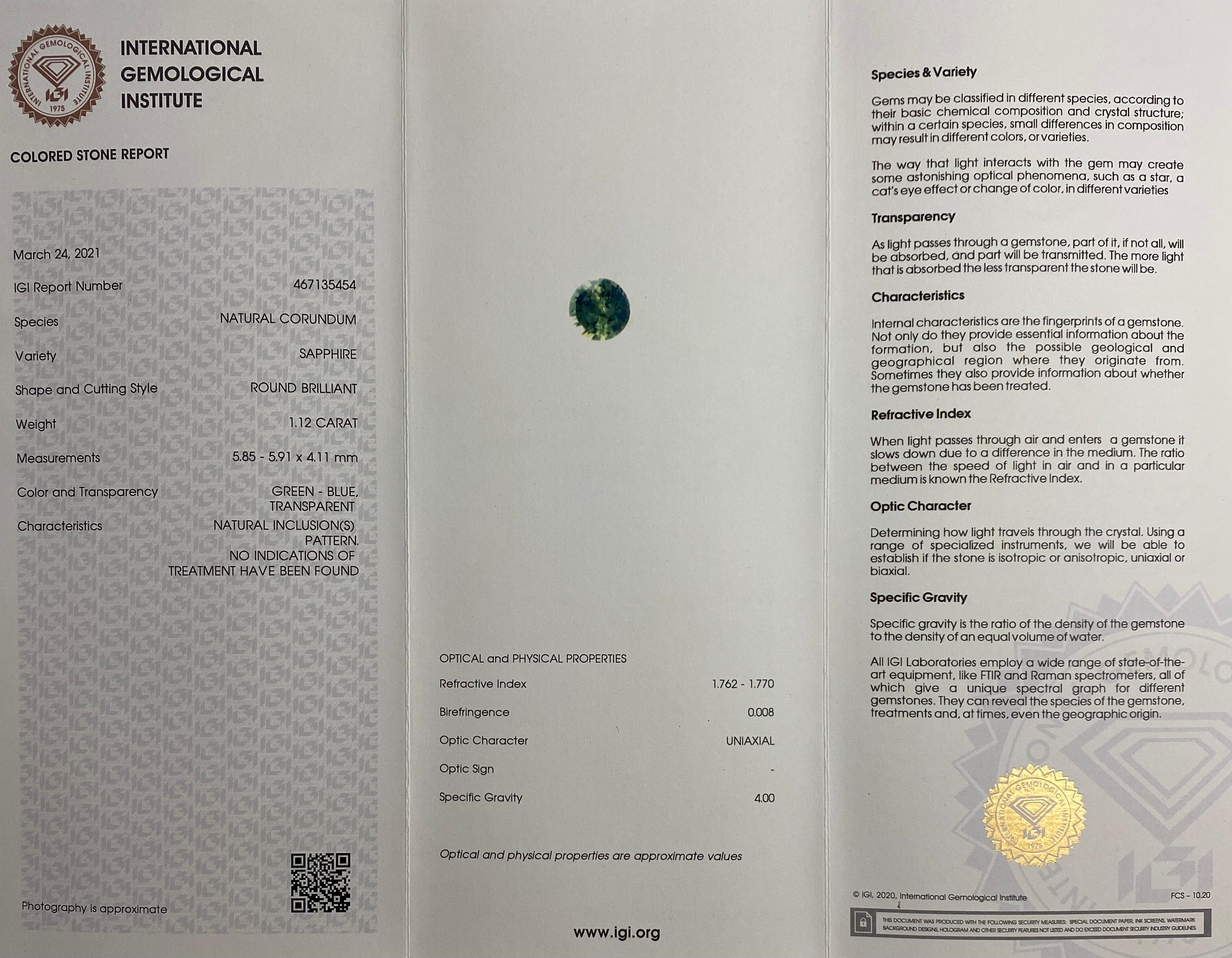 Round Cut IGI Certified Untreated Green Blue Sapphire 18k White Gold Diamond Set Pendant