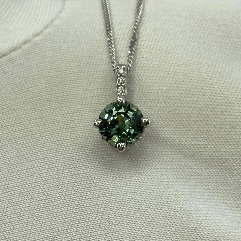 Women's or Men's IGI Certified Untreated Green Blue Sapphire 18k White Gold Diamond Set Pendant