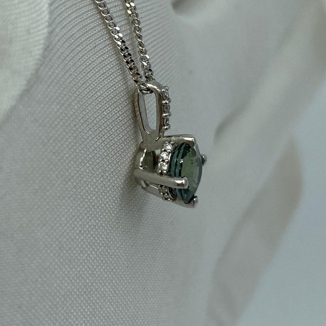 IGI Certified Untreated Green Blue Sapphire 18k White Gold Diamond Set Pendant 1