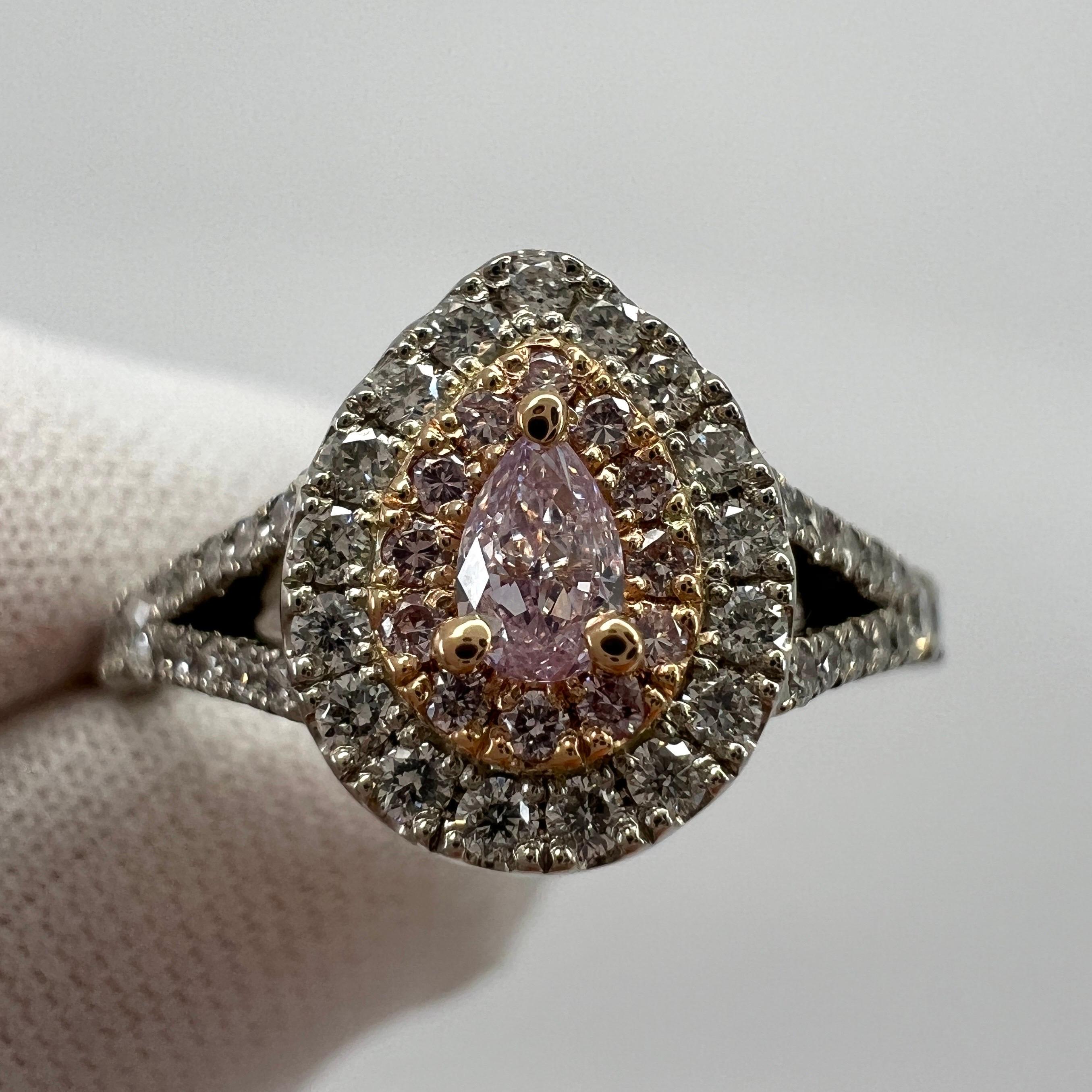Pear Cut IGI Certified Untreated Pink Diamond 18k Rose And White Gold Cluster Halo Ring For Sale