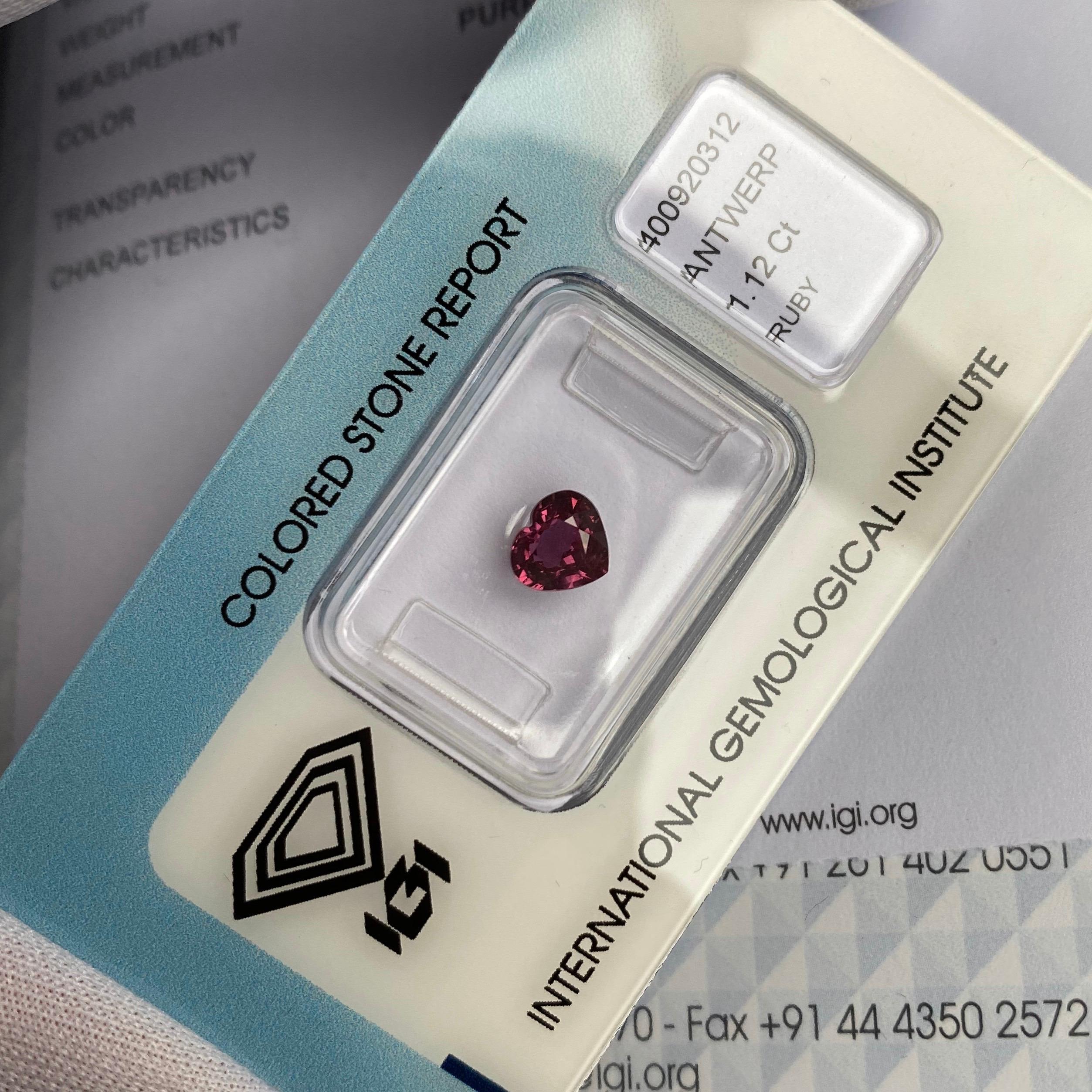 IGI Certified Untreated Purplish Pink Red Ruby 1.12ct Heart Cut Rare Blister Gem 3
