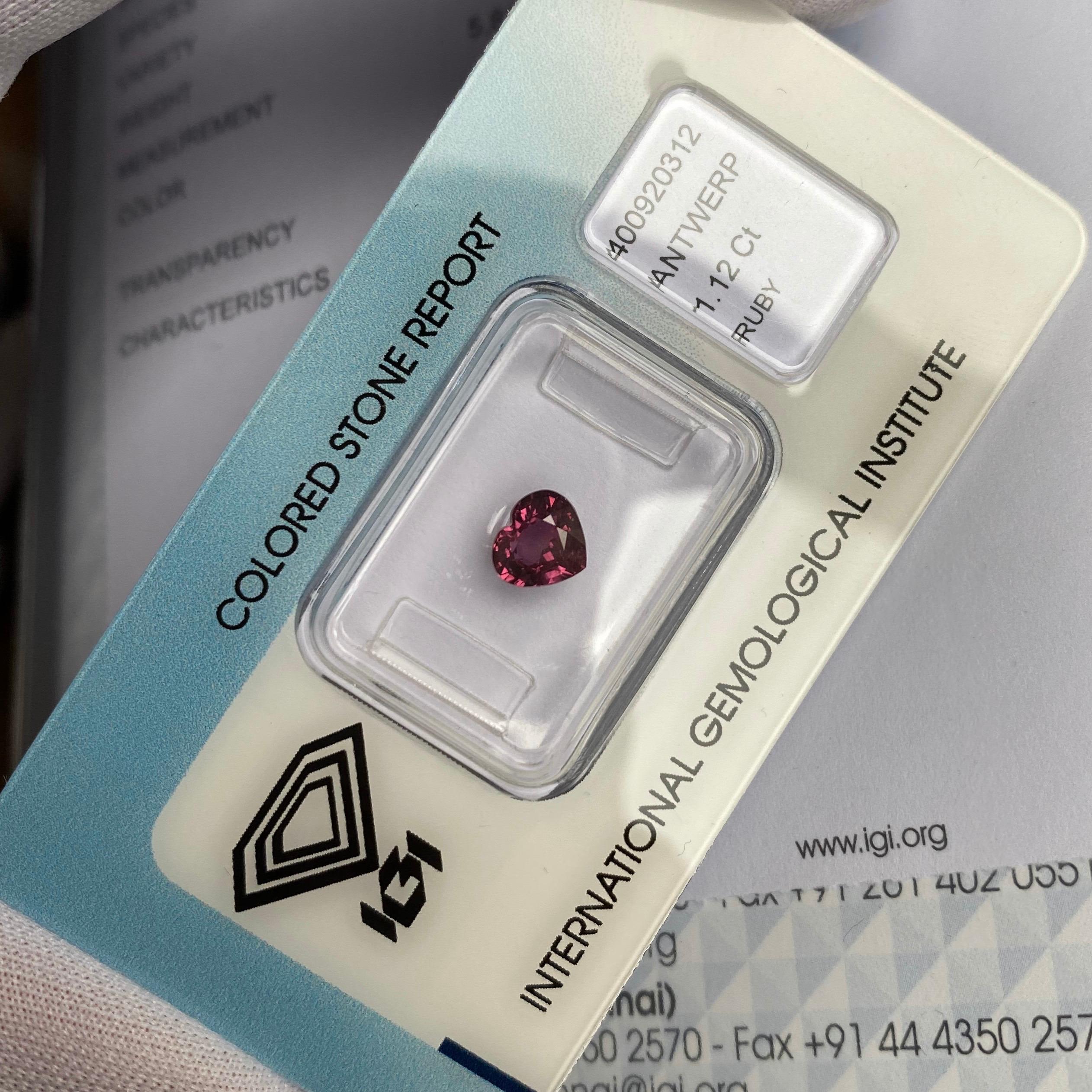 Natural Ruby with a stunning purplish pink-red colour.

1.12 carat stone.
Fully certified by IGI in Antwerp, one of the best and most well equipped gem labs.

This stone is totally untreated and unheated which is very rare for rubies. Confirmed as