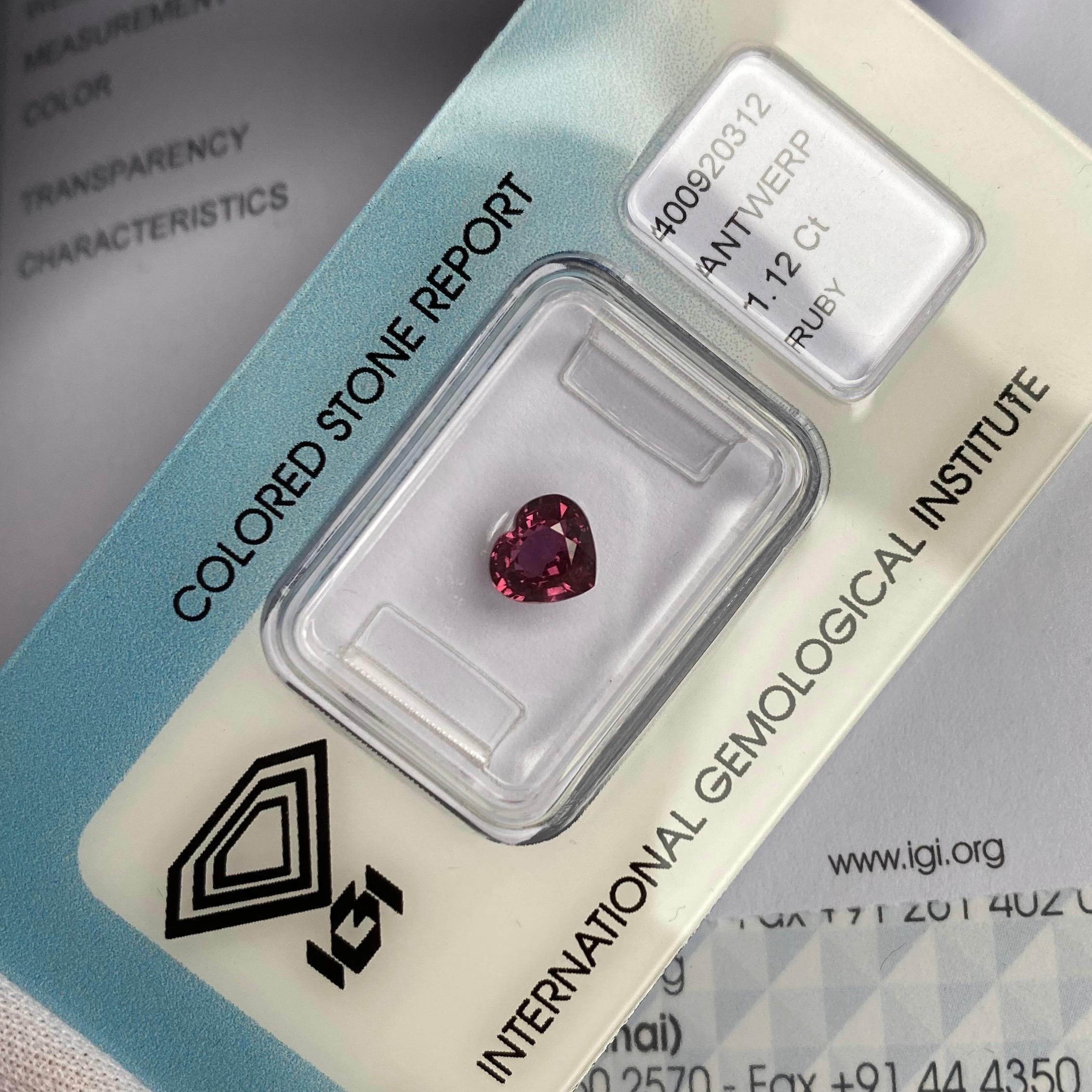 Women's or Men's IGI Certified Untreated Purplish Pink Red Ruby 1.12ct Heart Cut Rare Blister Gem