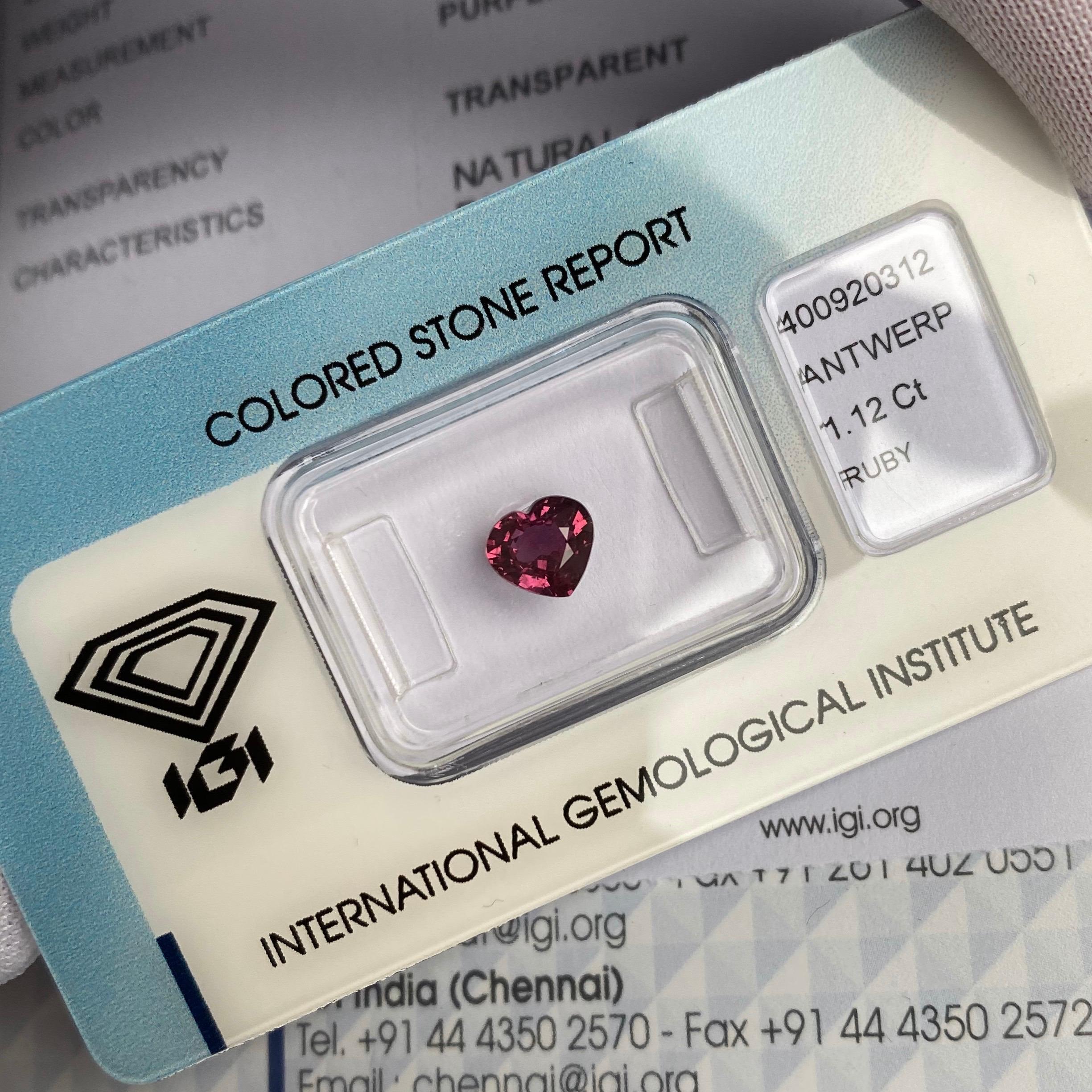 IGI Certified Untreated Purplish Pink Red Ruby 1.12ct Heart Cut Rare Blister Gem 1