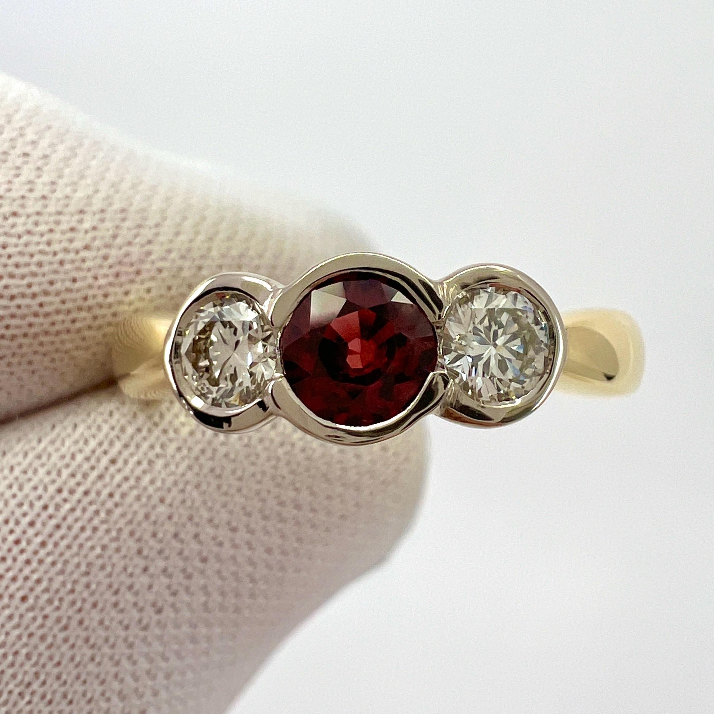 IGI Certified Untreated Ruby And Diamond 18k Gold Three Stone Bezel Rubover Ring For Sale 2