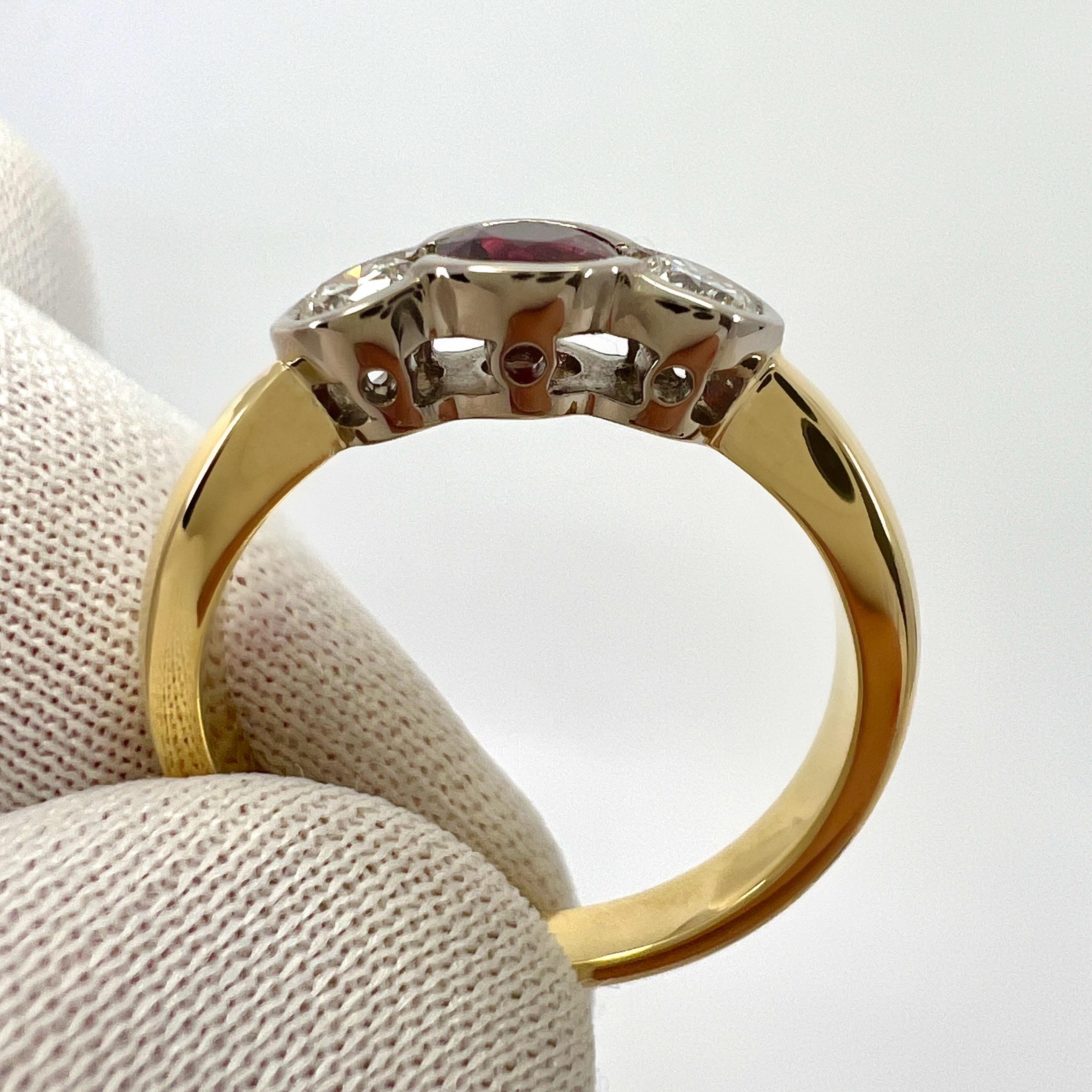 IGI Certified Untreated Ruby And Diamond 18k Gold Three Stone Bezel Rubover Ring For Sale 3